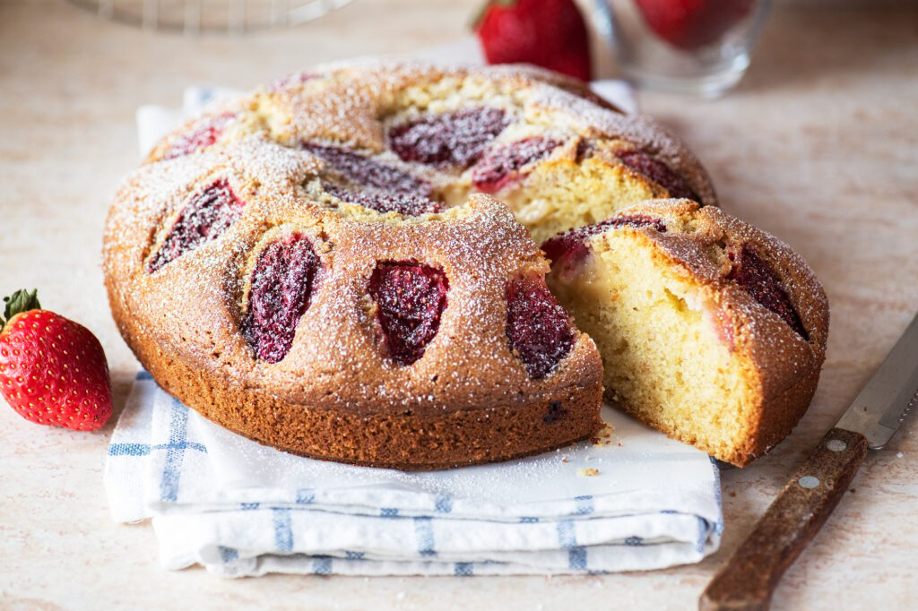 Homemade strawberry sponge cake.