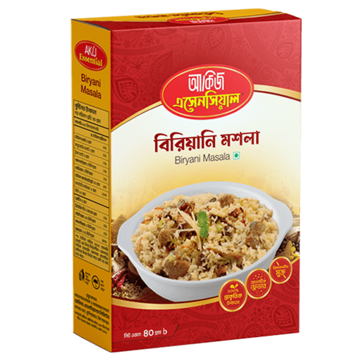 Akij Essentials Biryani Masala – 40g এর উজ্জ্বল সবুজ প্যাকেট, যা দিয়ে ঘরে বসেই তৈরি হবে সুস্বাদু আকিজ বিরিয়ানি মশলা।